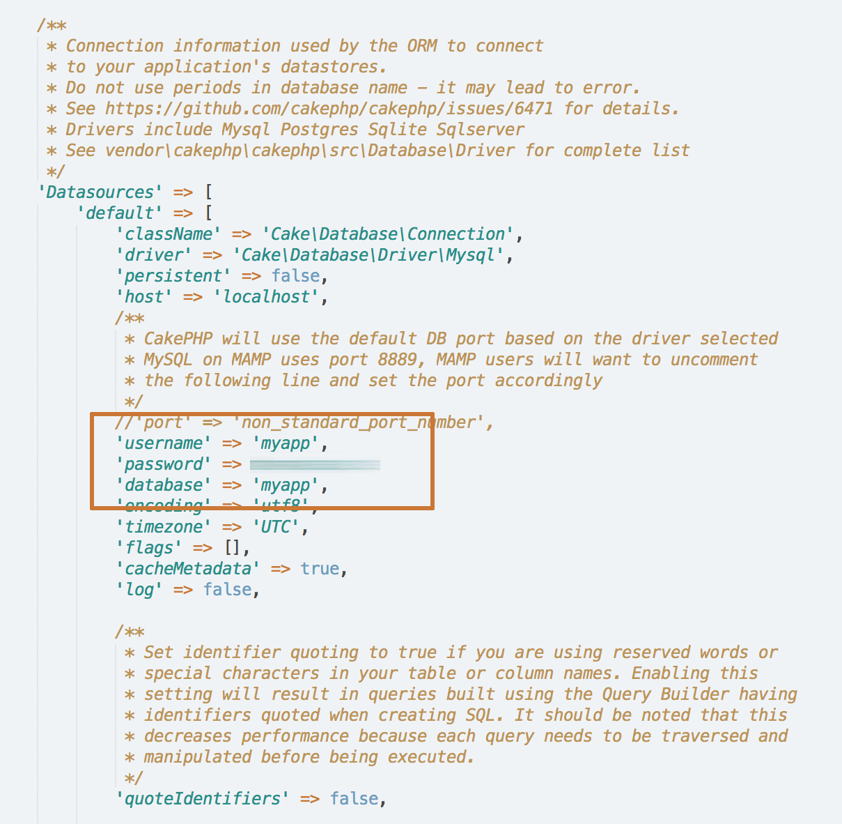 CakePHP database configuration